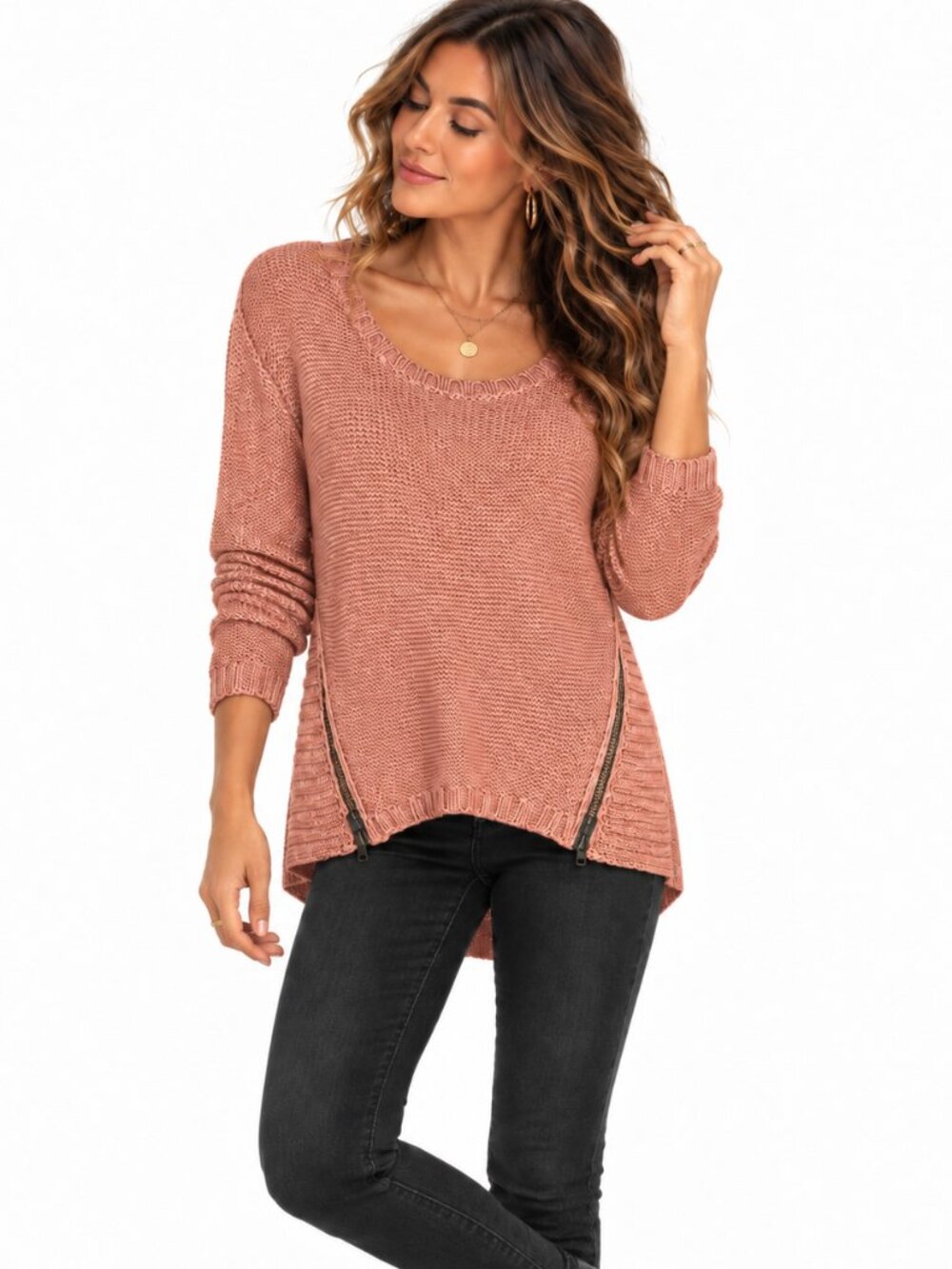 Quinn Blush Pink Moto Zip Hi-Low Scoop Neck Knit Sweater S Soft Sheen